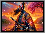 Góry, Zachód słońca, Drzewo, Darth Maul, Grafika, Samuraj, Maska, Kimono